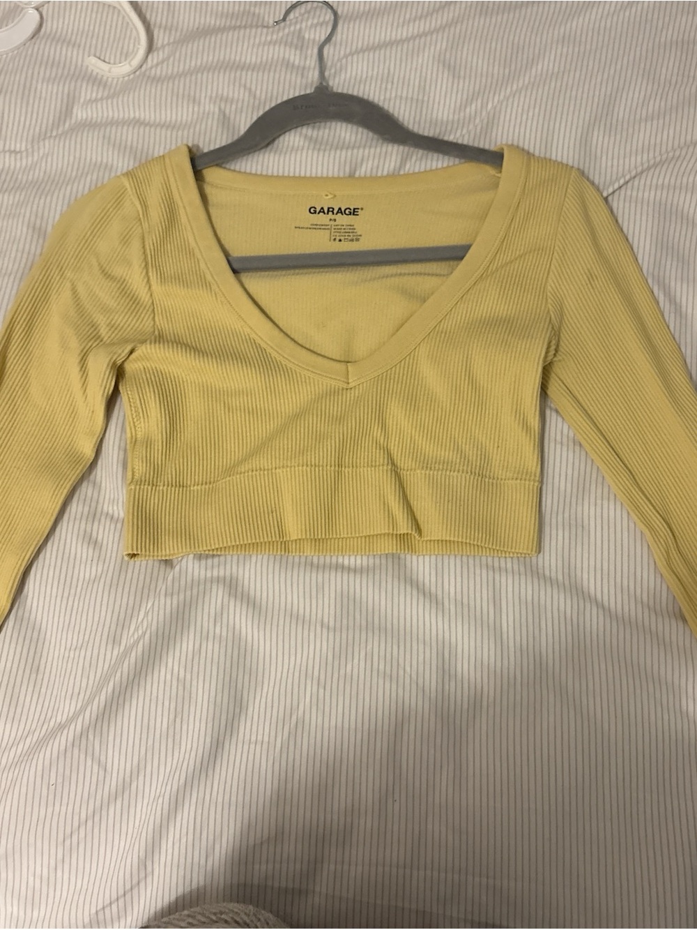 Garage Pale Yellow Ribbed V-Neck Long Sleeve Crop Top